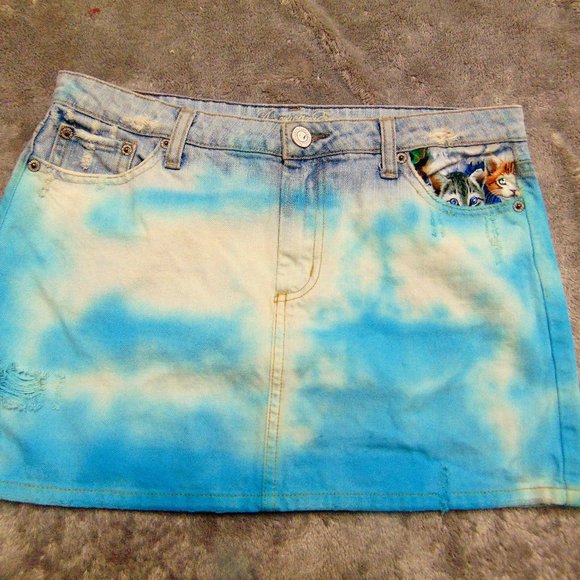 Hand Dyed Peeping Kittens Denim Mini Skirt - Picture 2 of 6
